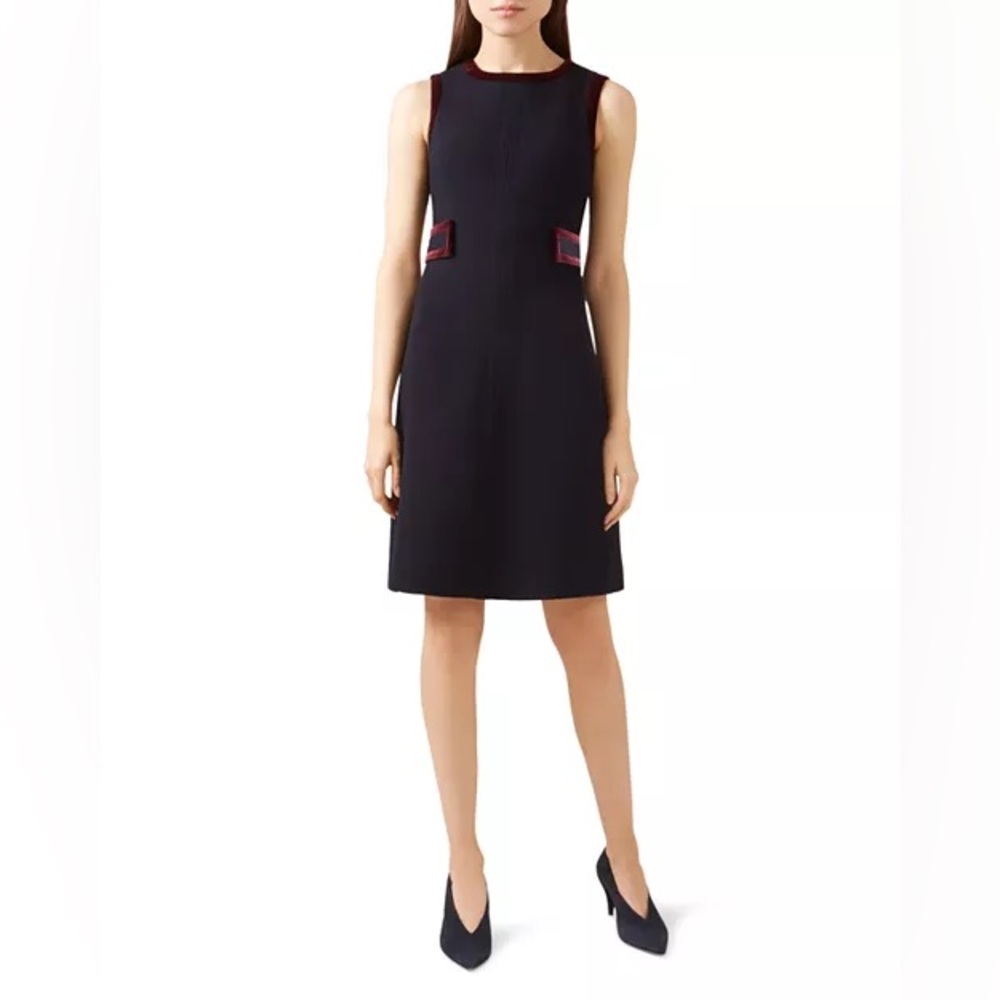 Hobbs of London Celia Velvet Trim Dress, navy/Burgundy, 10, MSRP $185